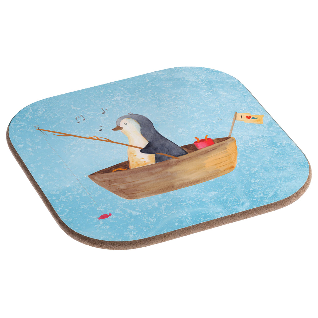 Quadratische Untersetzer Pinguin Angelboot Bierdeckel, Glasuntersetzer, Untersetzer Gläser, Getränkeuntersetzer, Pinguin, Pinguine, Angeln, Boot, Angelboot, Lebenslust, Leben, genießen, Motivation, Neustart, Neuanfang, Trennung, Scheidung, Geschenkidee Liebeskummer