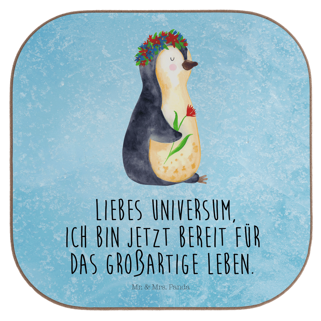 Quadratische Untersetzer Pinguin Blumenkranz Bierdeckel, Glasuntersetzer, Untersetzer Gläser, Getränkeuntersetzer, Pinguin, Pinguine, Blumenkranz, Universum, Leben, Wünsche, Ziele, Lebensziele, Motivation, Lebenslust, Liebeskummer, Geschenkidee