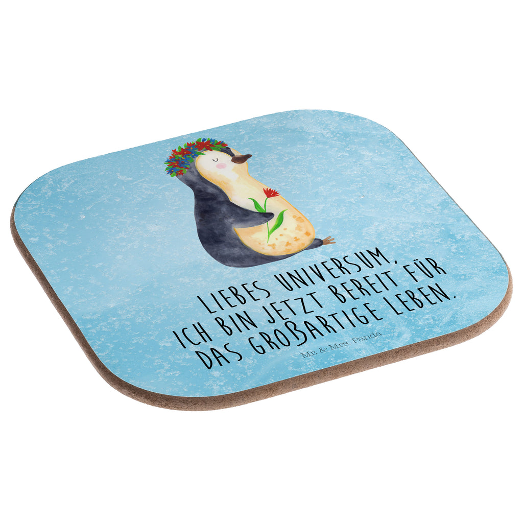 Quadratische Untersetzer Pinguin Blumenkranz Bierdeckel, Glasuntersetzer, Untersetzer Gläser, Getränkeuntersetzer, Pinguin, Pinguine, Blumenkranz, Universum, Leben, Wünsche, Ziele, Lebensziele, Motivation, Lebenslust, Liebeskummer, Geschenkidee