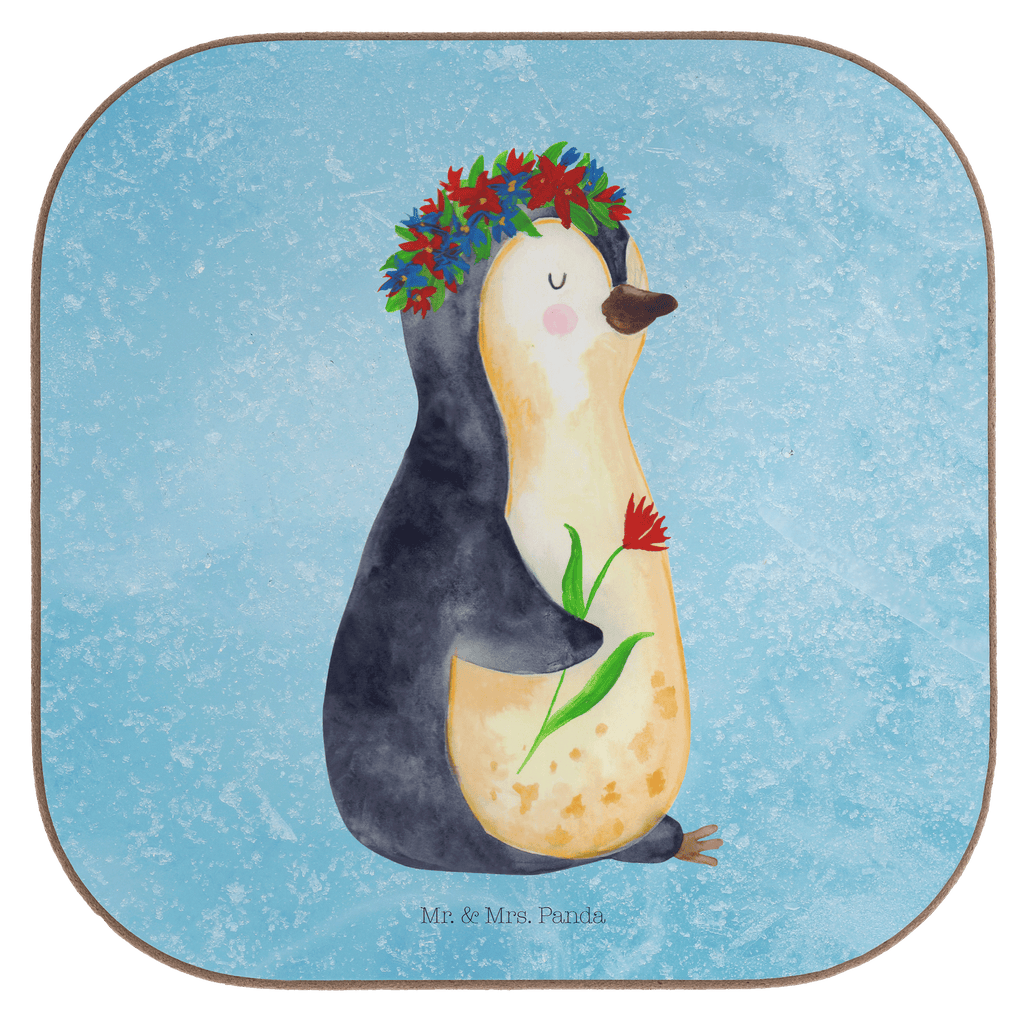 Quadratische Untersetzer Pinguin Blumenkranz Bierdeckel, Glasuntersetzer, Untersetzer Gläser, Getränkeuntersetzer, Pinguin, Pinguine, Blumenkranz, Universum, Leben, Wünsche, Ziele, Lebensziele, Motivation, Lebenslust, Liebeskummer, Geschenkidee