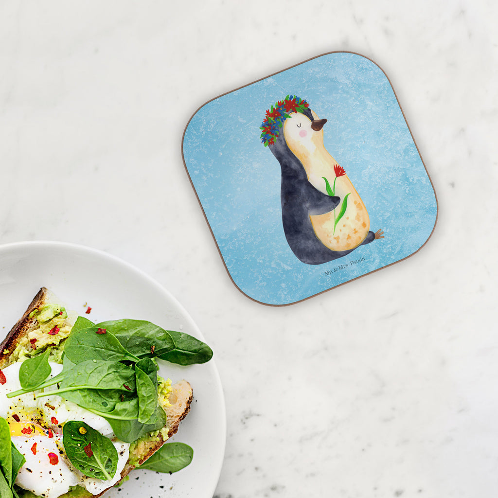 Quadratische Untersetzer Pinguin Blumenkranz Bierdeckel, Glasuntersetzer, Untersetzer Gläser, Getränkeuntersetzer, Pinguin, Pinguine, Blumenkranz, Universum, Leben, Wünsche, Ziele, Lebensziele, Motivation, Lebenslust, Liebeskummer, Geschenkidee