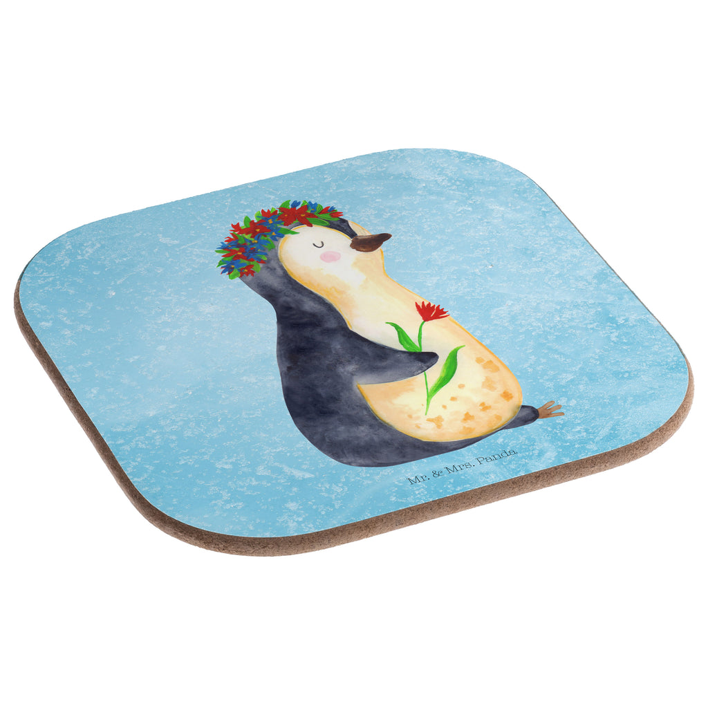 Quadratische Untersetzer Pinguin Blumenkranz Bierdeckel, Glasuntersetzer, Untersetzer Gläser, Getränkeuntersetzer, Pinguin, Pinguine, Blumenkranz, Universum, Leben, Wünsche, Ziele, Lebensziele, Motivation, Lebenslust, Liebeskummer, Geschenkidee