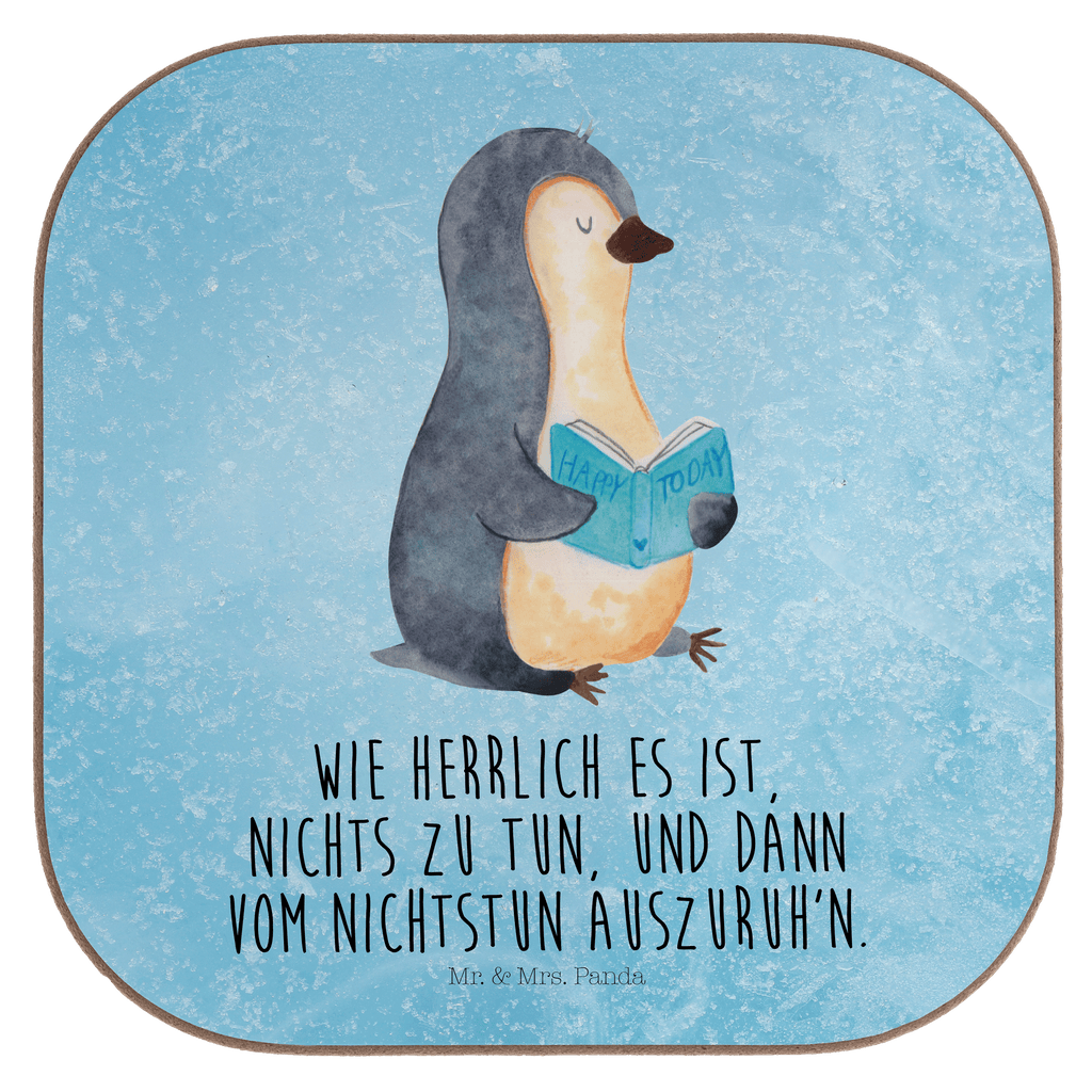 Quadratische Untersetzer Pinguin Buch Bierdeckel, Glasuntersetzer, Untersetzer Gläser, Getränkeuntersetzer, Pinguin, Pinguine, Buch, Lesen, Bücherwurm, Nichtstun, Faulenzen, Ferien, Urlaub, Freizeit