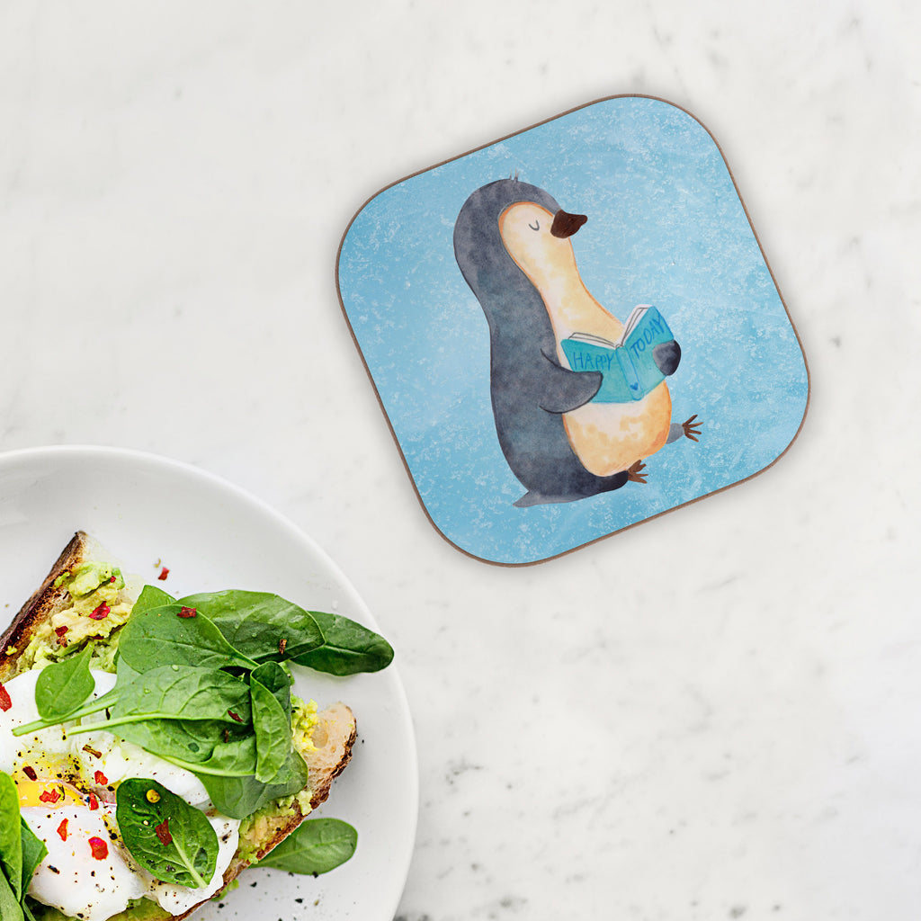 Quadratische Untersetzer Pinguin Buch Bierdeckel, Glasuntersetzer, Untersetzer Gläser, Getränkeuntersetzer, Pinguin, Pinguine, Buch, Lesen, Bücherwurm, Nichtstun, Faulenzen, Ferien, Urlaub, Freizeit