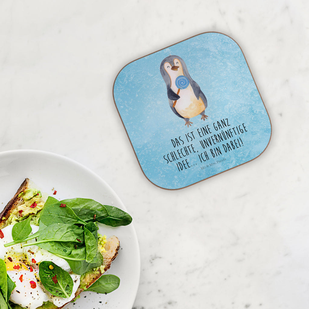 Quadratische Untersetzer Pinguin Lolli Bierdeckel, Glasuntersetzer, Untersetzer Gläser, Getränkeuntersetzer, Pinguin, Pinguine, Lolli, Süßigkeiten, Blödsinn, Spruch, Rebell, Gauner, Ganove, Rabauke