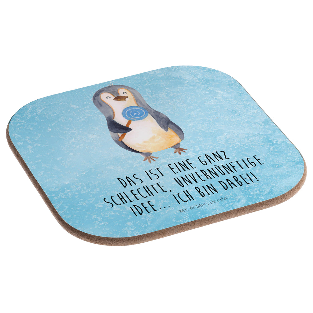 Quadratische Untersetzer Pinguin Lolli Bierdeckel, Glasuntersetzer, Untersetzer Gläser, Getränkeuntersetzer, Pinguin, Pinguine, Lolli, Süßigkeiten, Blödsinn, Spruch, Rebell, Gauner, Ganove, Rabauke