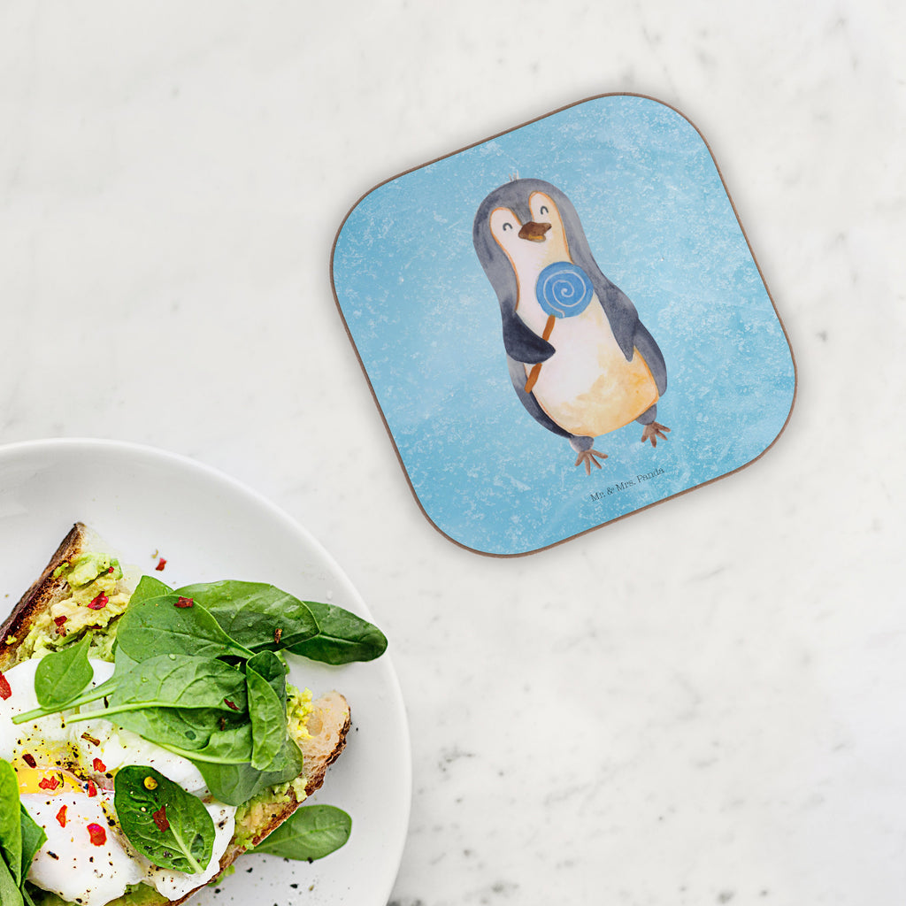 Quadratische Untersetzer Pinguin Lolli Bierdeckel, Glasuntersetzer, Untersetzer Gläser, Getränkeuntersetzer, Pinguin, Pinguine, Lolli, Süßigkeiten, Blödsinn, Spruch, Rebell, Gauner, Ganove, Rabauke