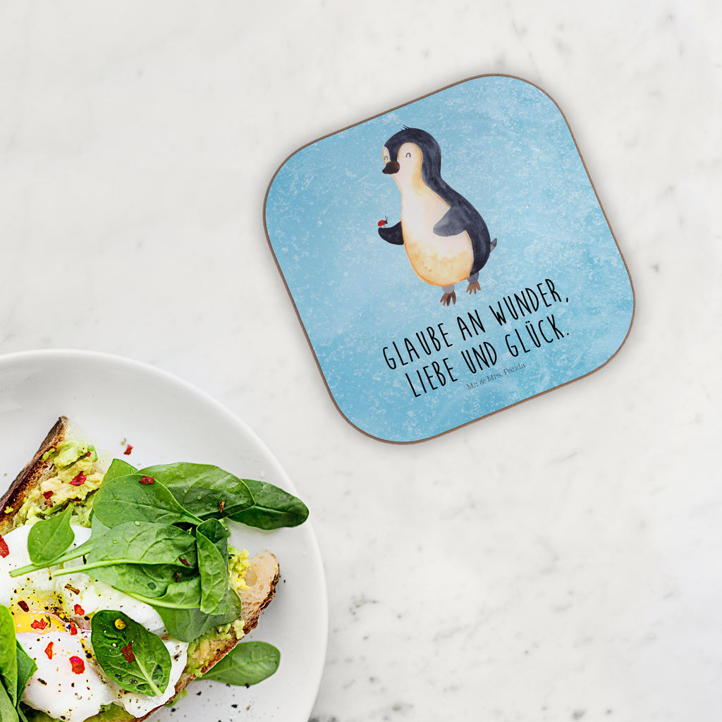 Quadratische Untersetzer Pinguin Marienkäfer Bierdeckel, Glasuntersetzer, Untersetzer Gläser, Getränkeuntersetzer, Pinguin, Pinguine, Marienkäfer, Liebe, Wunder, Glück, Freude, Lebensfreude