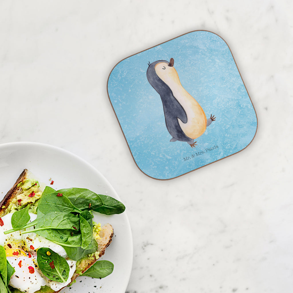 Quadratische Untersetzer Pinguin marschierend Bierdeckel, Glasuntersetzer, Untersetzer Gläser, Getränkeuntersetzer, Pinguin, Pinguine, Frühaufsteher, Langschläfer, Bruder, Schwester, Familie
