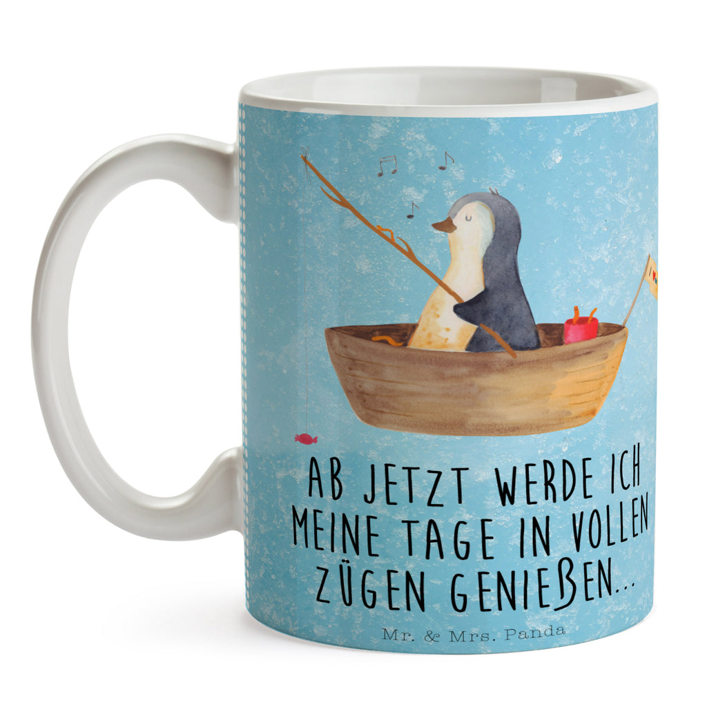 Tasse Pinguin Angelboot Pinguin, Pinguine, Angeln, Boot, Angelboot, Lebenslust, Leben, genießen, Motivation, Neustart, Neuanfang, Trennung, Scheidung, Geschenkidee Liebeskummer,	 Becher, Kaffeetasse, Kaffeebecher, Tee, Frühstück, Büro  Pinguin