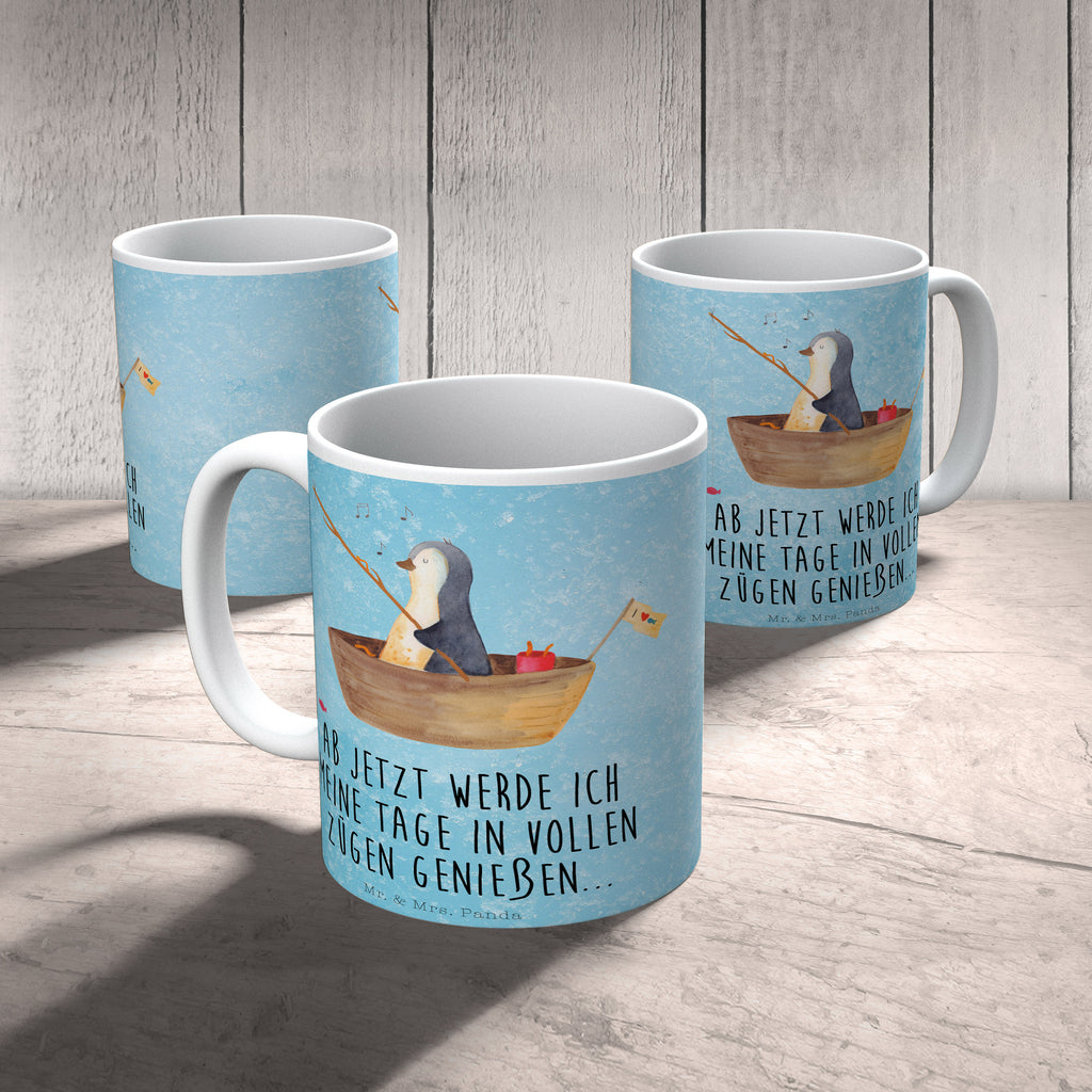 Tasse Pinguin Angelboot Pinguin, Pinguine, Angeln, Boot, Angelboot, Lebenslust, Leben, genießen, Motivation, Neustart, Neuanfang, Trennung, Scheidung, Geschenkidee Liebeskummer,	 Becher, Kaffeetasse, Kaffeebecher, Tee, Frühstück, Büro  Pinguin