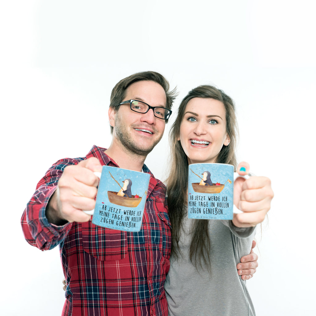 Tasse Pinguin Angelboot Pinguin, Pinguine, Angeln, Boot, Angelboot, Lebenslust, Leben, genießen, Motivation, Neustart, Neuanfang, Trennung, Scheidung, Geschenkidee Liebeskummer,	 Becher, Kaffeetasse, Kaffeebecher, Tee, Frühstück, Büro  Pinguin