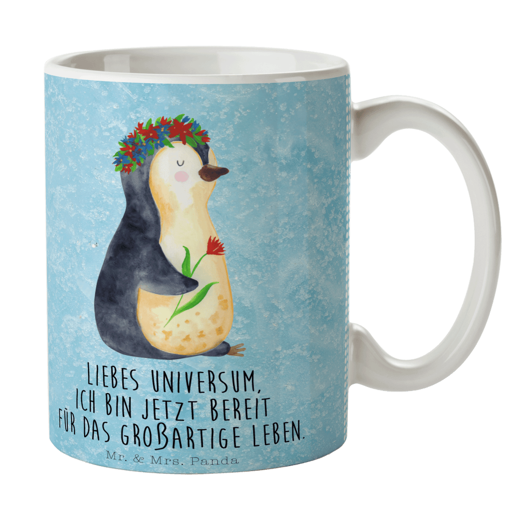 Tasse Pinguin Blumenkranz Pinguin, Pinguine, Blumenkranz, Universum, Leben, Wünsche, Ziele, Lebensziele, Motivation, Lebenslust, Liebeskummer, Geschenkidee	 Becher, Kaffeetasse, Kaffeebecher, Tee, Frühstück, Büro  Pinguin