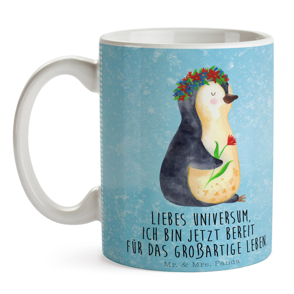 Tasse Pinguin Blumenkranz Pinguin, Pinguine, Blumenkranz, Universum, Leben, Wünsche, Ziele, Lebensziele, Motivation, Lebenslust, Liebeskummer, Geschenkidee	 Becher, Kaffeetasse, Kaffeebecher, Tee, Frühstück, Büro  Pinguin