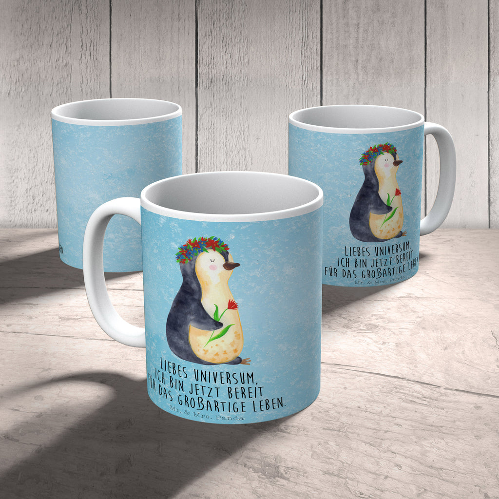Tasse Pinguin Blumenkranz Pinguin, Pinguine, Blumenkranz, Universum, Leben, Wünsche, Ziele, Lebensziele, Motivation, Lebenslust, Liebeskummer, Geschenkidee	 Becher, Kaffeetasse, Kaffeebecher, Tee, Frühstück, Büro  Pinguin