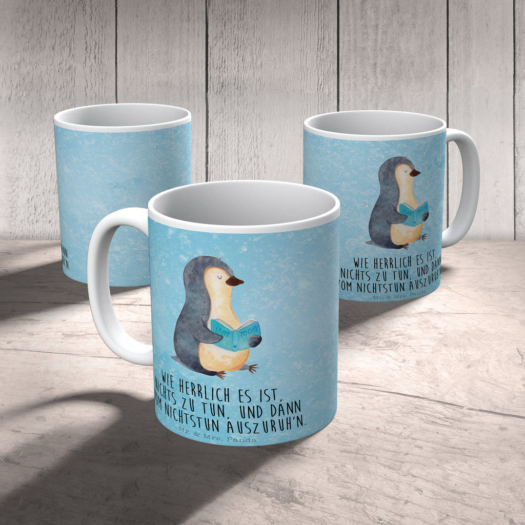 Tasse Pinguin Buch Pinguin, Pinguine, Buch, Lesen, Bücherwurm, Nichtstun, Faulenzen, Ferien, Urlaub, Freizeit,	 Becher, Kaffeetasse, Kaffeebecher, Tee, Frühstück, Büro  Pinguin