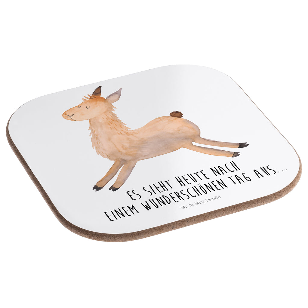 Quadratische Untersetzer Lama springend Bierdeckel, Glasuntersetzer, Untersetzer Gläser, Getränkeuntersetzer, Lama, Alpaka, Lamas, Lieblingstag, Happy day, fröhlich, Glück, Freundin, Liebeskummer, Neustart, guten Morgen, Start, Prüfung, Abitur