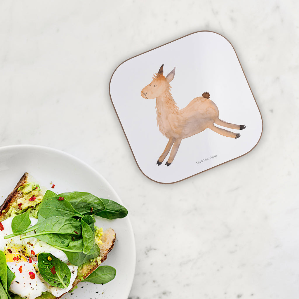 Quadratische Untersetzer Lama springend Bierdeckel, Glasuntersetzer, Untersetzer Gläser, Getränkeuntersetzer, Lama, Alpaka, Lamas, Lieblingstag, Happy day, fröhlich, Glück, Freundin, Liebeskummer, Neustart, guten Morgen, Start, Prüfung, Abitur