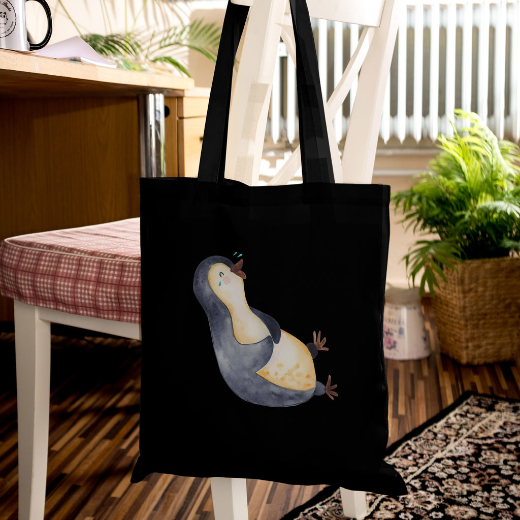 Tragetasche Pinguin lachend Beuteltasche, Beutel, Einkaufstasche, Jutebeutel, Stoffbeutel, Pinguin, Pinguine, lustiger Spruch, Optimismus, Fröhlich, Lachen, Humor, Fröhlichkeit