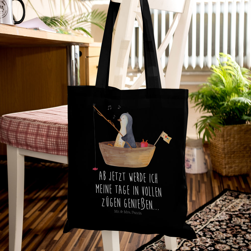 Tragetasche Pinguin Angelboot Beuteltasche, Beutel, Einkaufstasche, Jutebeutel, Stoffbeutel, Pinguin, Pinguine, Angeln, Boot, Angelboot, Lebenslust, Leben, genießen, Motivation, Neustart, Neuanfang, Trennung, Scheidung, Geschenkidee Liebeskummer