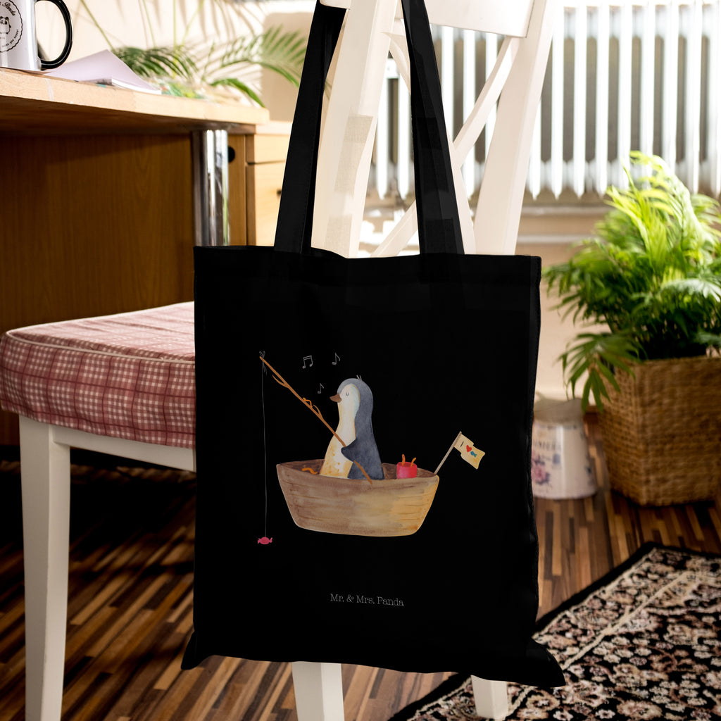 Tragetasche Pinguin Angelboot Beuteltasche, Beutel, Einkaufstasche, Jutebeutel, Stoffbeutel, Pinguin, Pinguine, Angeln, Boot, Angelboot, Lebenslust, Leben, genießen, Motivation, Neustart, Neuanfang, Trennung, Scheidung, Geschenkidee Liebeskummer