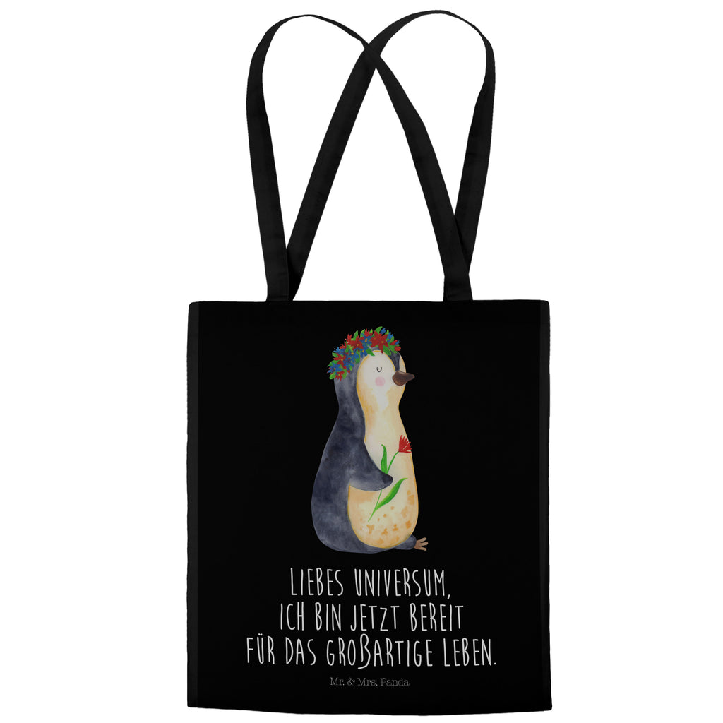Tragetasche Pinguin Blumenkranz Beuteltasche, Beutel, Einkaufstasche, Jutebeutel, Stoffbeutel, Pinguin, Pinguine, Blumenkranz, Universum, Leben, Wünsche, Ziele, Lebensziele, Motivation, Lebenslust, Liebeskummer, Geschenkidee