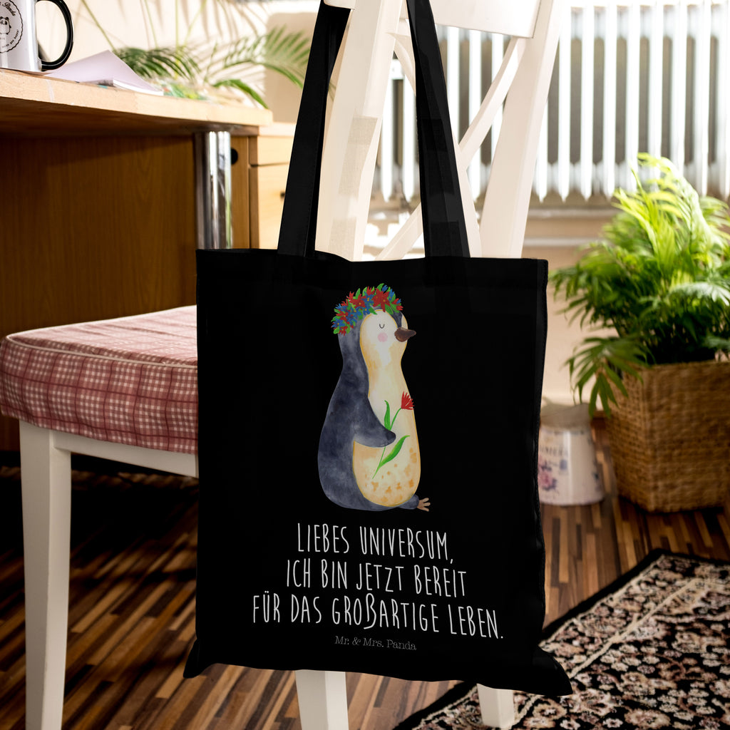 Tragetasche Pinguin Blumenkranz Beuteltasche, Beutel, Einkaufstasche, Jutebeutel, Stoffbeutel, Pinguin, Pinguine, Blumenkranz, Universum, Leben, Wünsche, Ziele, Lebensziele, Motivation, Lebenslust, Liebeskummer, Geschenkidee