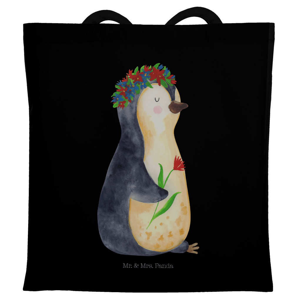 Tragetasche Pinguin Blumenkranz Beuteltasche, Beutel, Einkaufstasche, Jutebeutel, Stoffbeutel, Pinguin, Pinguine, Blumenkranz, Universum, Leben, Wünsche, Ziele, Lebensziele, Motivation, Lebenslust, Liebeskummer, Geschenkidee