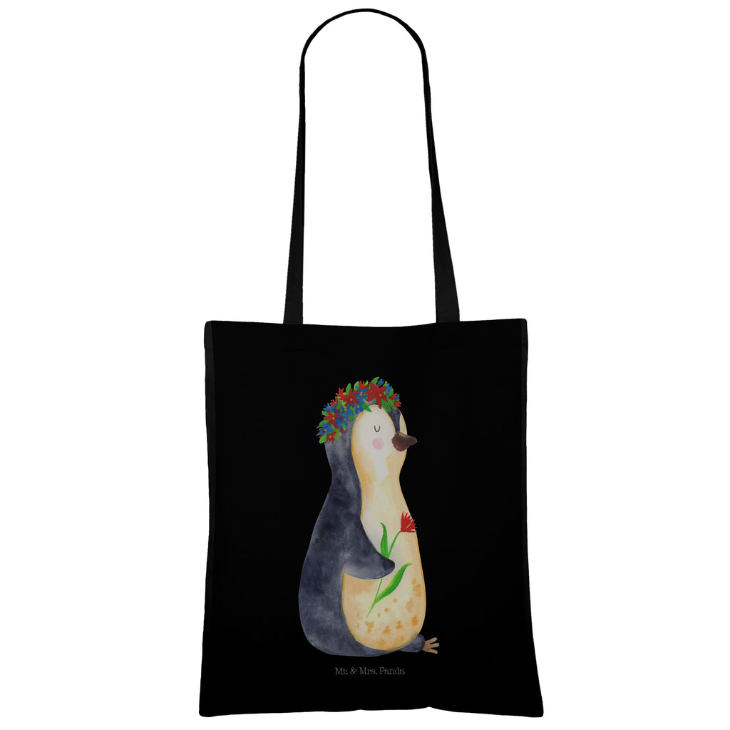 Tragetasche Pinguin Blumenkranz Beuteltasche, Beutel, Einkaufstasche, Jutebeutel, Stoffbeutel, Pinguin, Pinguine, Blumenkranz, Universum, Leben, Wünsche, Ziele, Lebensziele, Motivation, Lebenslust, Liebeskummer, Geschenkidee
