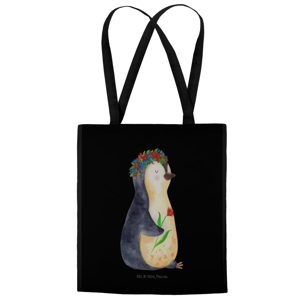 Tragetasche Pinguin Blumenkranz Beuteltasche, Beutel, Einkaufstasche, Jutebeutel, Stoffbeutel, Pinguin, Pinguine, Blumenkranz, Universum, Leben, Wünsche, Ziele, Lebensziele, Motivation, Lebenslust, Liebeskummer, Geschenkidee