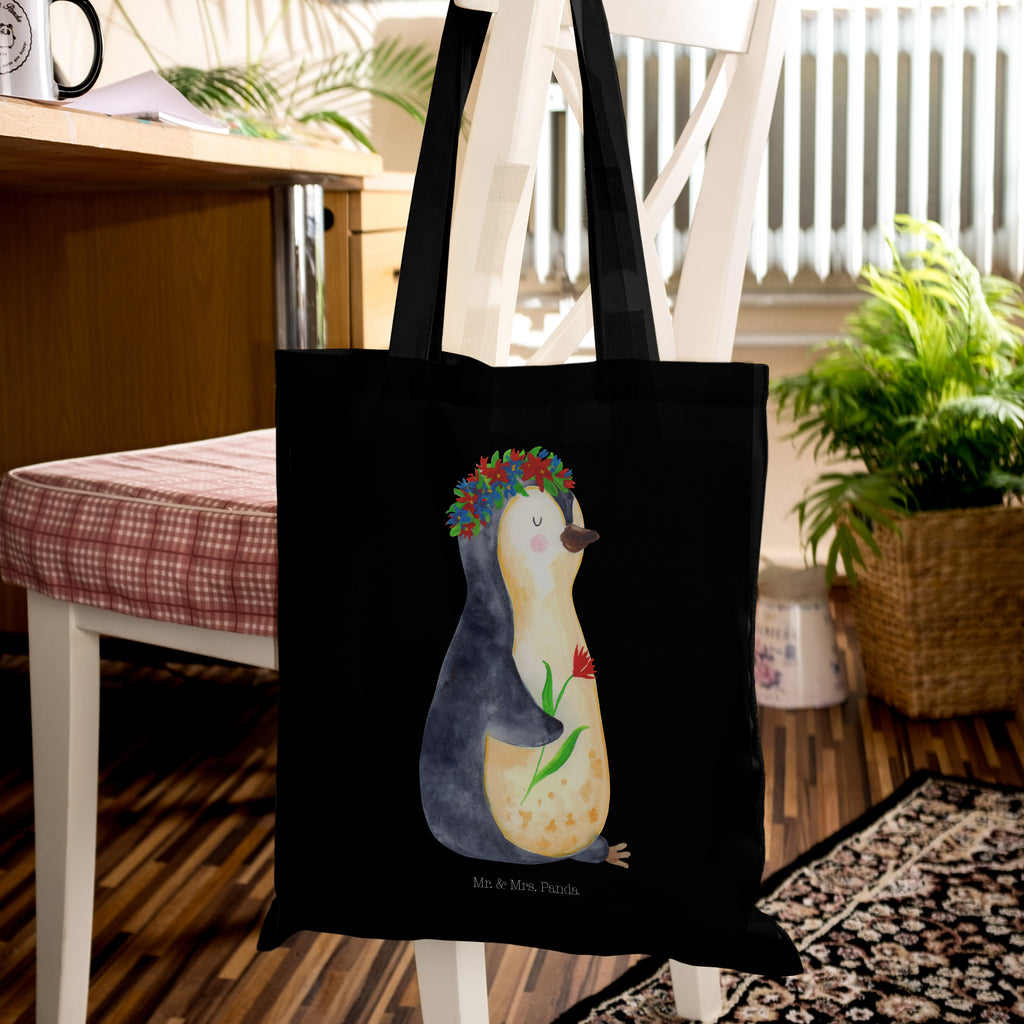 Tragetasche Pinguin Blumenkranz Beuteltasche, Beutel, Einkaufstasche, Jutebeutel, Stoffbeutel, Pinguin, Pinguine, Blumenkranz, Universum, Leben, Wünsche, Ziele, Lebensziele, Motivation, Lebenslust, Liebeskummer, Geschenkidee
