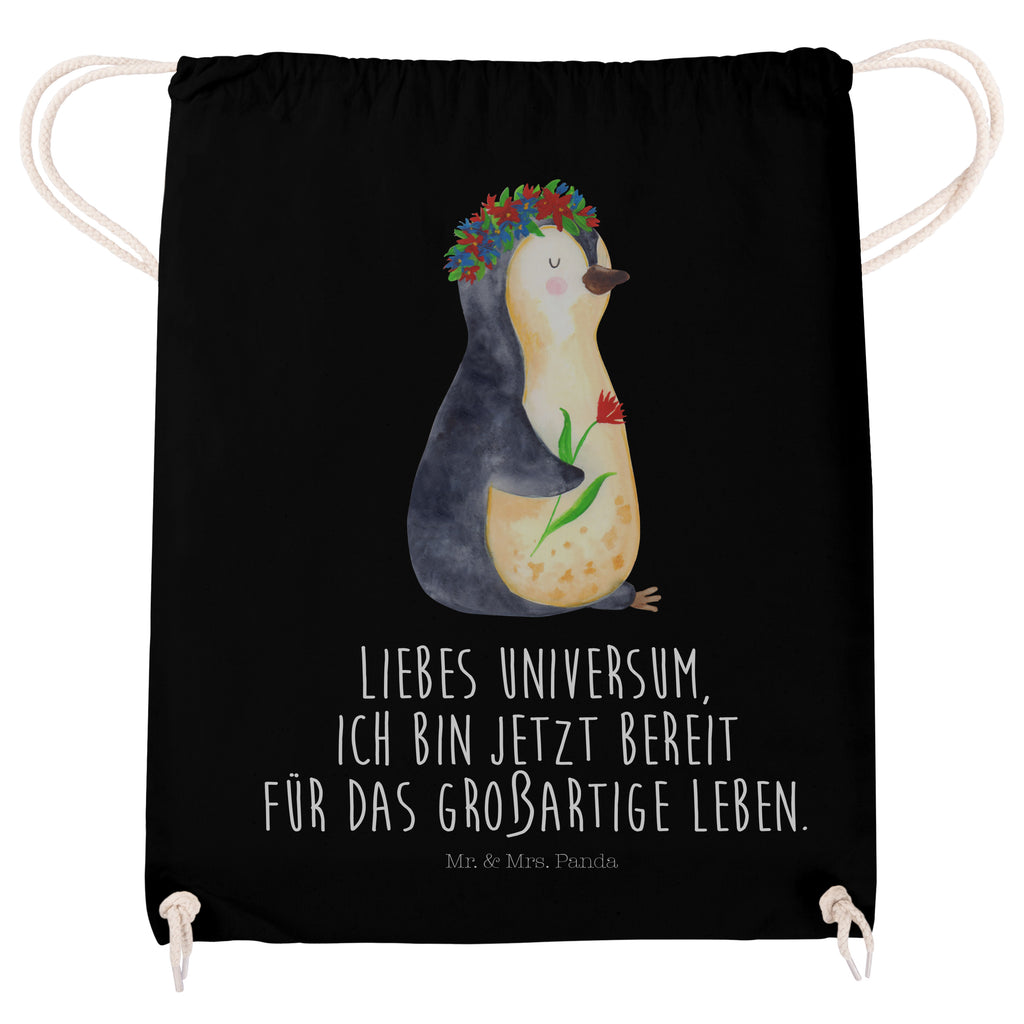 Sportbeutel Pinguin Blumenkranz Turnbeutel, Beutel, Sporttasche, Tasche, Stoffbeutel, Pinguin, Pinguine, Blumenkranz, Universum, Leben, Wünsche, Ziele, Lebensziele, Motivation, Lebenslust, Liebeskummer, Geschenkidee