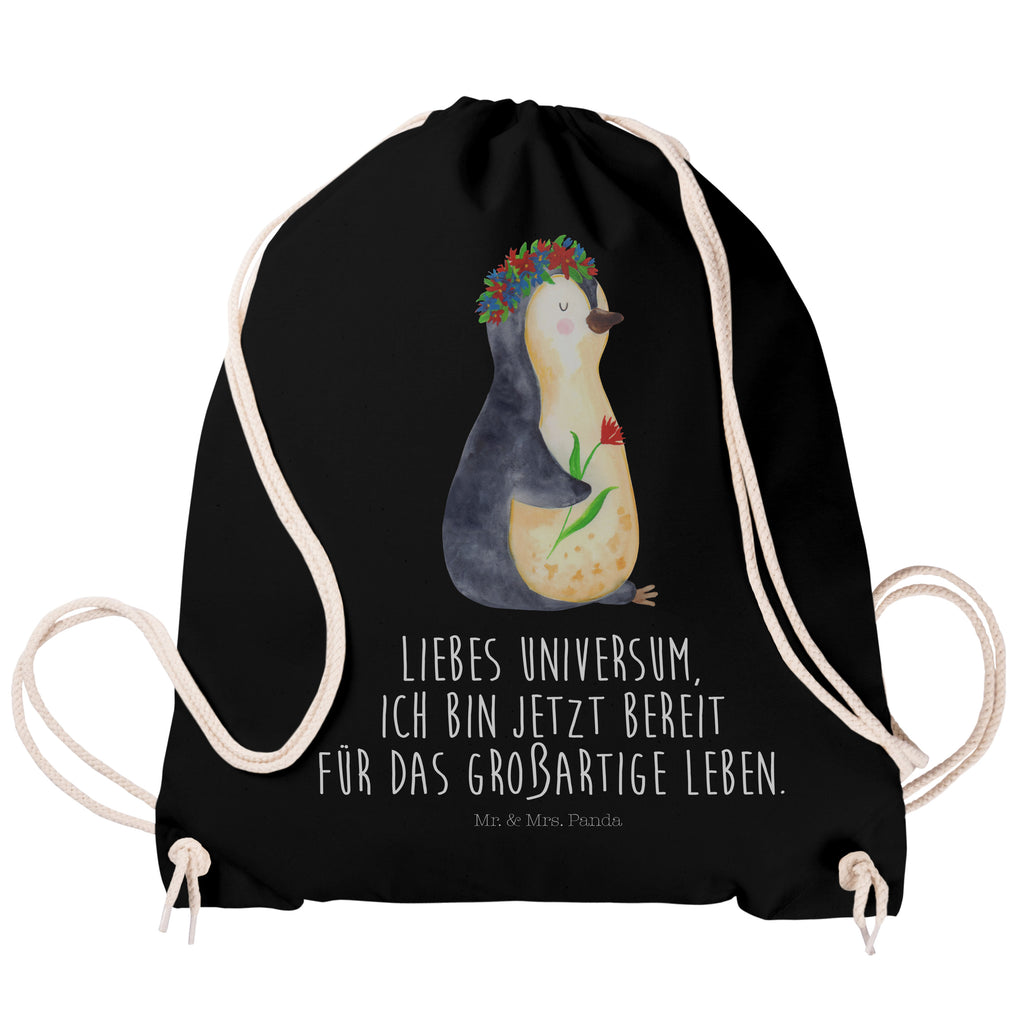 Sportbeutel Pinguin Blumenkranz Turnbeutel, Beutel, Sporttasche, Tasche, Stoffbeutel, Pinguin, Pinguine, Blumenkranz, Universum, Leben, Wünsche, Ziele, Lebensziele, Motivation, Lebenslust, Liebeskummer, Geschenkidee