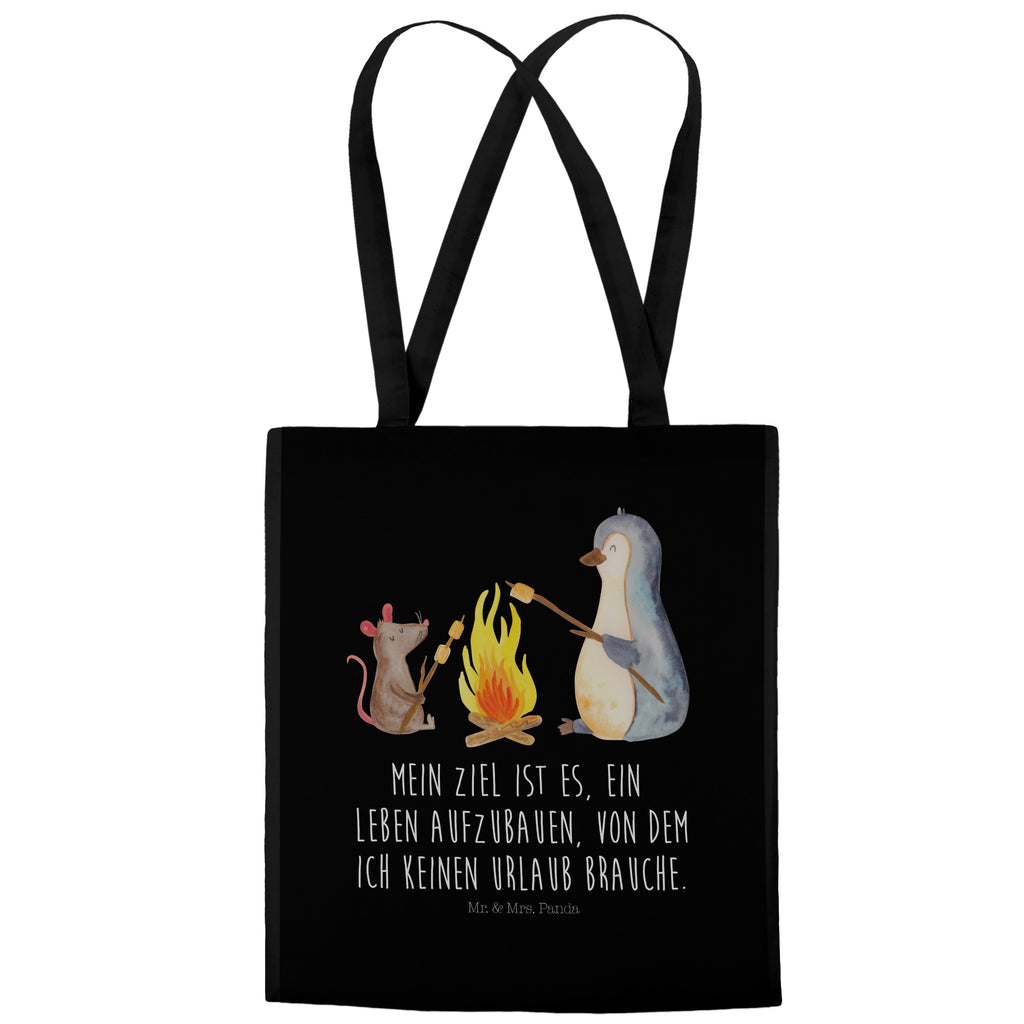 Tragetasche Pinguin Lagerfeuer Beuteltasche, Beutel, Einkaufstasche, Jutebeutel, Stoffbeutel, Pinguin, Maus, Pinguine, Lagerfeuer, Leben, Arbeit, Job, Motivation, Büro, Büroalltag, Lebensspruch, Lebensmotivation, Neustart, Liebe, grillen, Feuer, Marshmallows