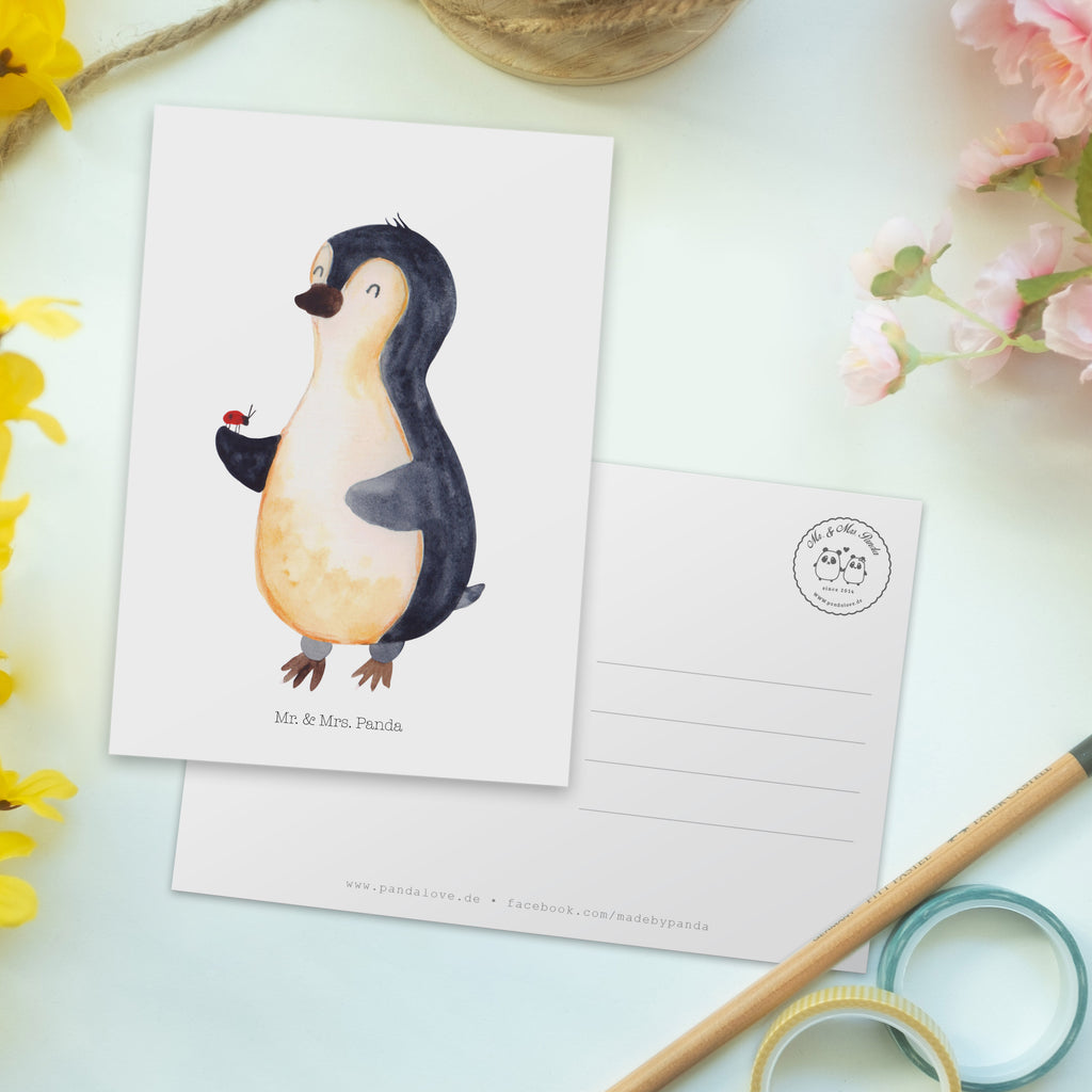 Postkarte Pinguin Marienkäfer Geschenkkarte, Grußkarte, Karte, Einladung, Ansichtskarte, Geburtstagskarte, Einladungskarte, Pinguin, Pinguine, Marienkäfer, Liebe, Wunder, Glück, Freude, Lebensfreude