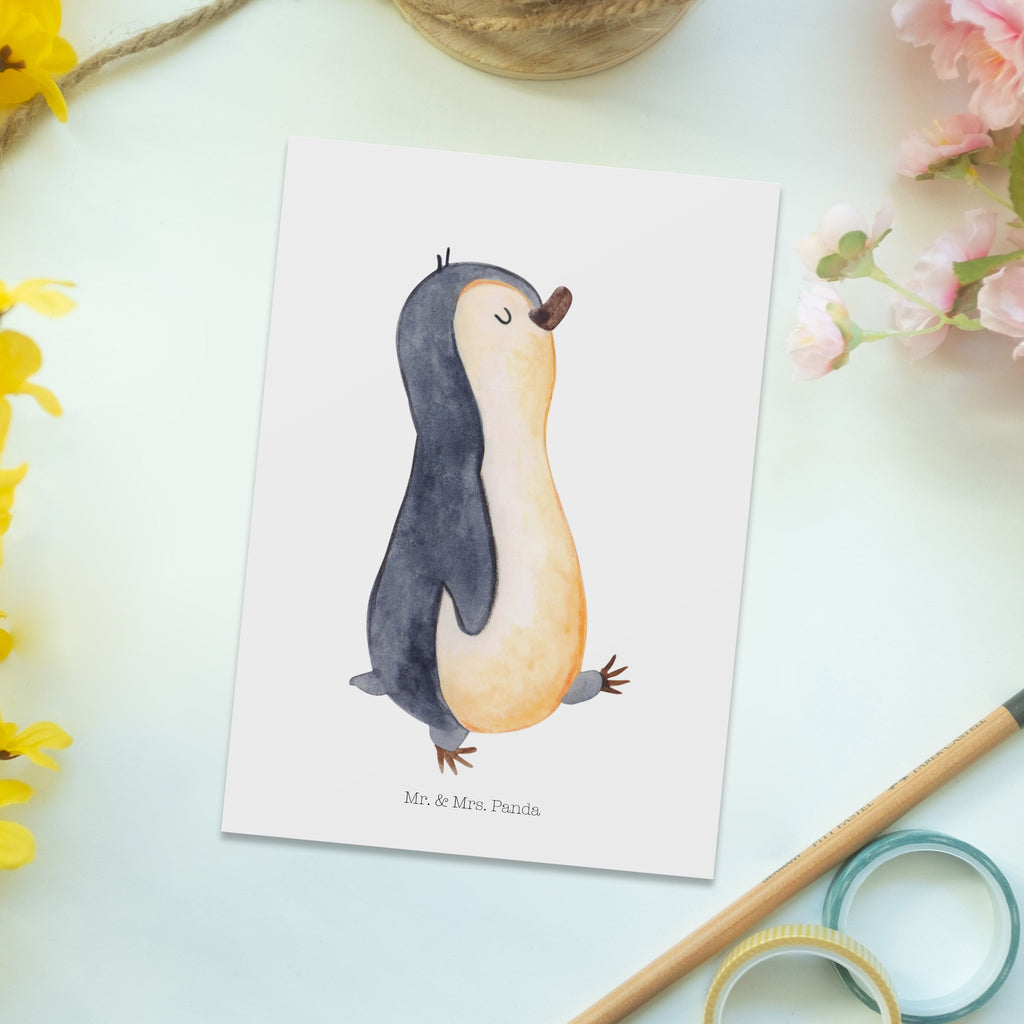 Postkarte Pinguin marschierend Geschenkkarte, Grußkarte, Karte, Einladung, Ansichtskarte, Geburtstagskarte, Einladungskarte, Pinguin, Pinguine, Frühaufsteher, Langschläfer, Bruder, Schwester, Familie