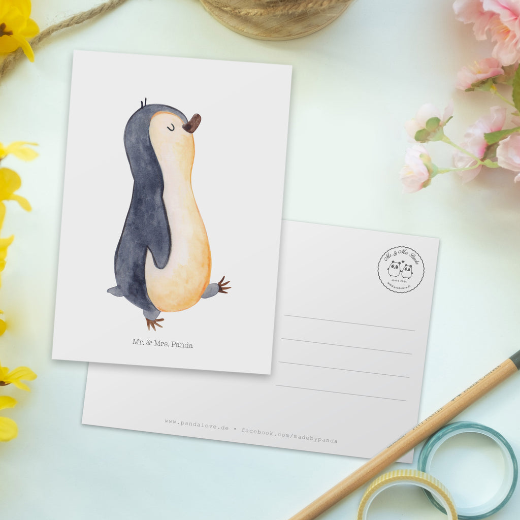 Postkarte Pinguin marschierend Geschenkkarte, Grußkarte, Karte, Einladung, Ansichtskarte, Geburtstagskarte, Einladungskarte, Pinguin, Pinguine, Frühaufsteher, Langschläfer, Bruder, Schwester, Familie