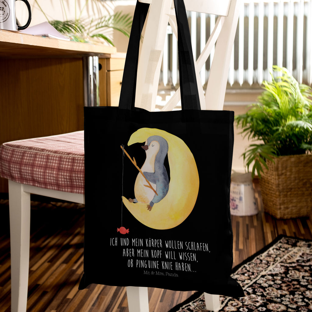 Tragetasche Pinguin Mond Beuteltasche, Beutel, Einkaufstasche, Jutebeutel, Stoffbeutel, Pinguin, Pinguine, Spruch, schlafen, Nachtruhe, Einschlafen, Schlafzimmer, Schlafstörungen, Gästezimmer