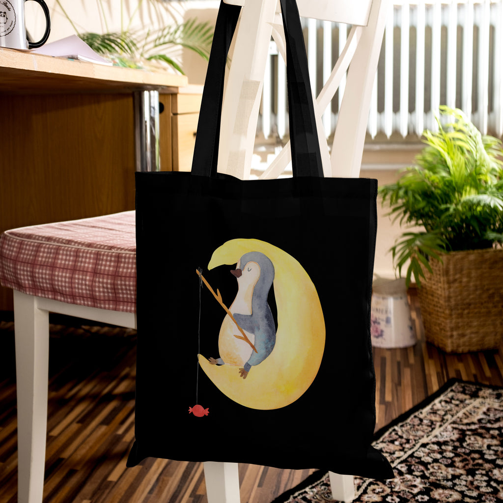 Tragetasche Pinguin Mond Beuteltasche, Beutel, Einkaufstasche, Jutebeutel, Stoffbeutel, Pinguin, Pinguine, Spruch, schlafen, Nachtruhe, Einschlafen, Schlafzimmer, Schlafstörungen, Gästezimmer