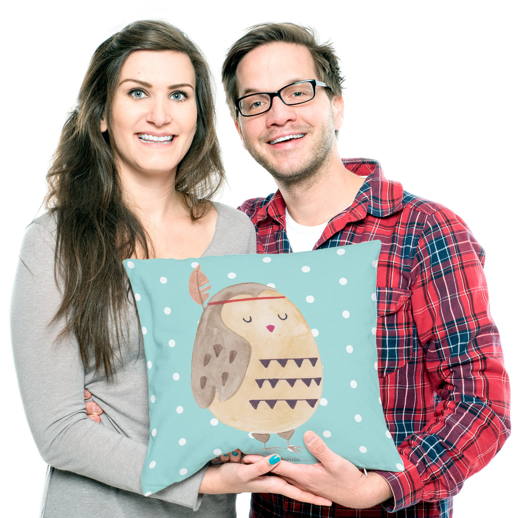 40x40 Kissen Eule Federschmuck Kissenhülle, Kopfkissen, Sofakissen, Dekokissen, Motivkissen, Eule, Eule Deko, Owl, Das Leben ist ein Abenteuer, Reisespruch, Federschmuck, Dekoration