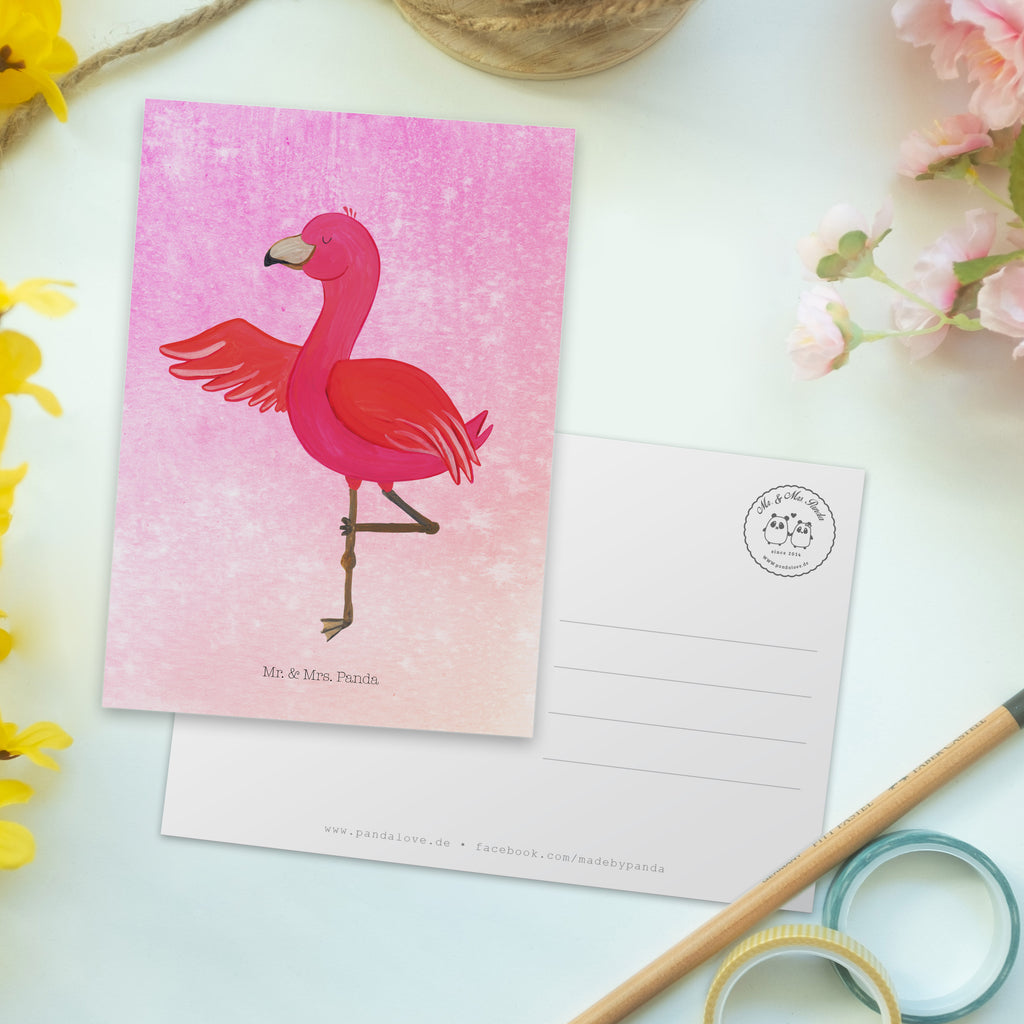Postkarte Flamingo Yoga Geschenkkarte, Grußkarte, Karte, Einladung, Ansichtskarte, Geburtstagskarte, Einladungskarte, Dankeskarte, Flamingo, Vogel, Yoga, Namaste, Achtsamkeit, Yoga-Übung, Entspannung, Ärger, Aufregen, Tiefenentspannung