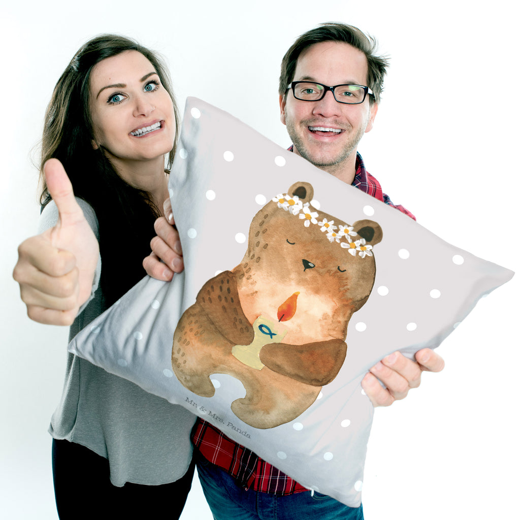 40x40 Kissen Kommunion-Bär Kissenhülle, Kopfkissen, Sofakissen, Dekokissen, Motivkissen, Bär, Teddy, Teddybär, Kommunion, Gottes Segen, Taufkerze, katholisch