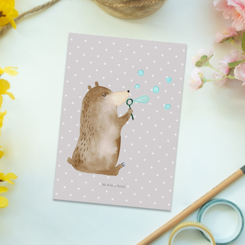 Postkarte Bär Seifenblasen Geschenkkarte, Grußkarte, Karte, Einladung, Ansichtskarte, Geburtstagskarte, Einladungskarte, Bär, Teddy, Teddybär, Seifenblasen Bär Lustig Sein Glücklich Traurig Happy