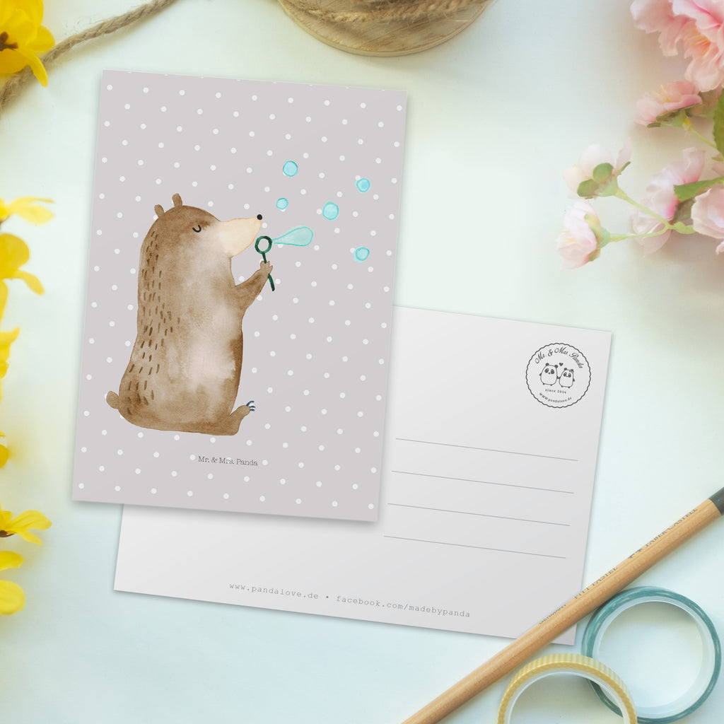 Postkarte Bär Seifenblasen Geschenkkarte, Grußkarte, Karte, Einladung, Ansichtskarte, Geburtstagskarte, Einladungskarte, Bär, Teddy, Teddybär, Seifenblasen Bär Lustig Sein Glücklich Traurig Happy