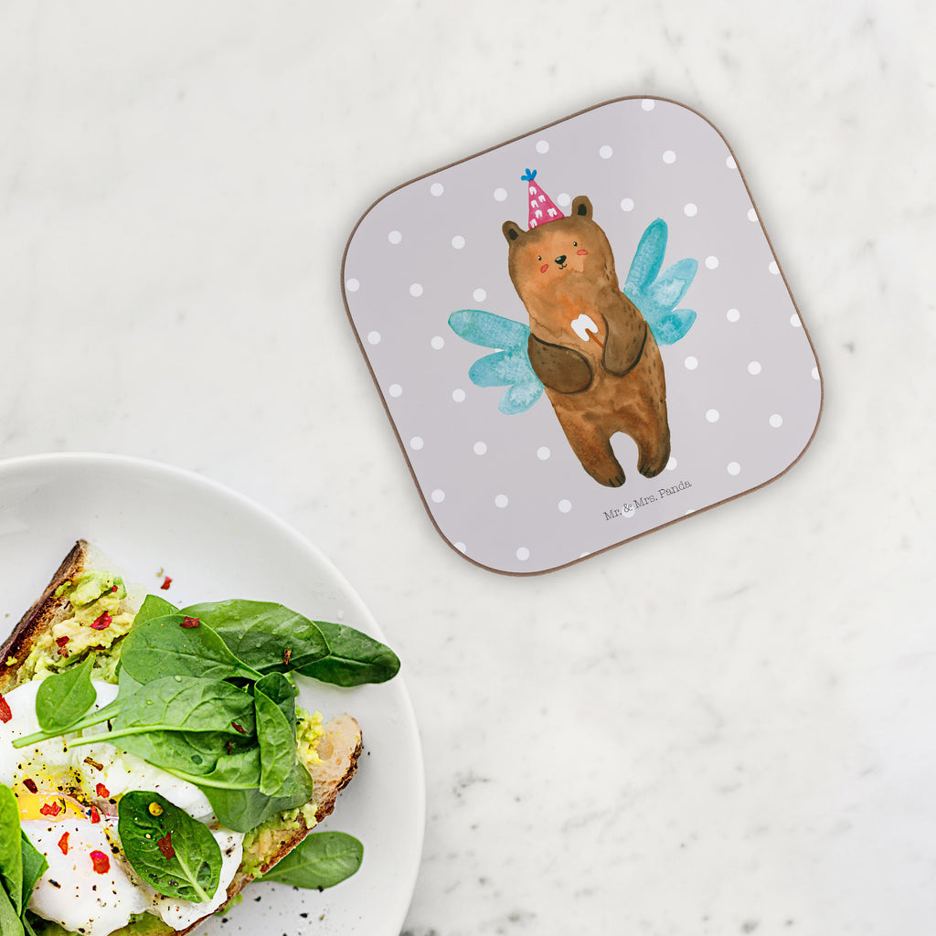 Quadratische Untersetzer Zahnfee Bär Bierdeckel, Glasuntersetzer, Untersetzer Gläser, Getränkeuntersetzer, Bär, Teddy, Teddybär, Zahnfee, Fee, Milchzahn, Erster Zahn