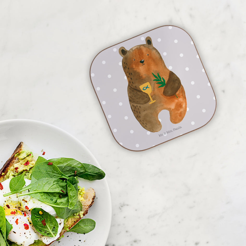 Quadratische Untersetzer Konfirmation-Bär Bierdeckel, Glasuntersetzer, Untersetzer Gläser, Getränkeuntersetzer, Bär, Teddy, Teddybär, Konfirmation, Kirche, evangelisch, Gottesdienst