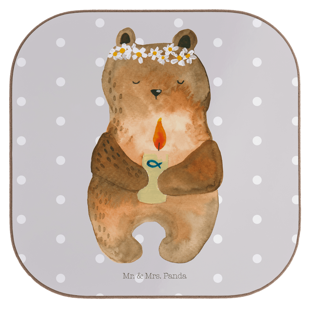 Quadratische Untersetzer Kommunion-Bär Bierdeckel, Glasuntersetzer, Untersetzer Gläser, Getränkeuntersetzer, Bär, Teddy, Teddybär, Kommunion, Gottes Segen, Taufkerze, katholisch