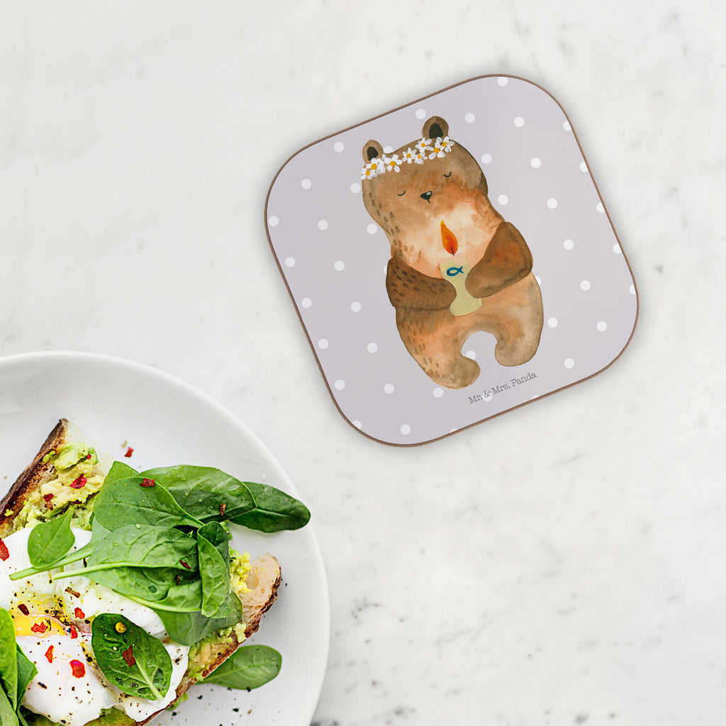 Quadratische Untersetzer Kommunion-Bär Bierdeckel, Glasuntersetzer, Untersetzer Gläser, Getränkeuntersetzer, Bär, Teddy, Teddybär, Kommunion, Gottes Segen, Taufkerze, katholisch