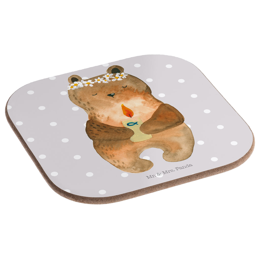 Quadratische Untersetzer Kommunion-Bär Bierdeckel, Glasuntersetzer, Untersetzer Gläser, Getränkeuntersetzer, Bär, Teddy, Teddybär, Kommunion, Gottes Segen, Taufkerze, katholisch