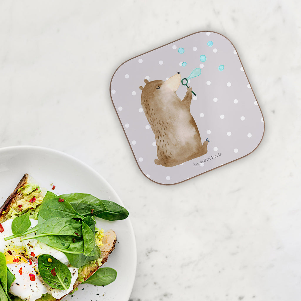 Quadratische Untersetzer Bär Seifenblasen Bierdeckel, Glasuntersetzer, Untersetzer Gläser, Getränkeuntersetzer, Bär, Teddy, Teddybär, Seifenblasen Bär Lustig Sein Glücklich Traurig Happy